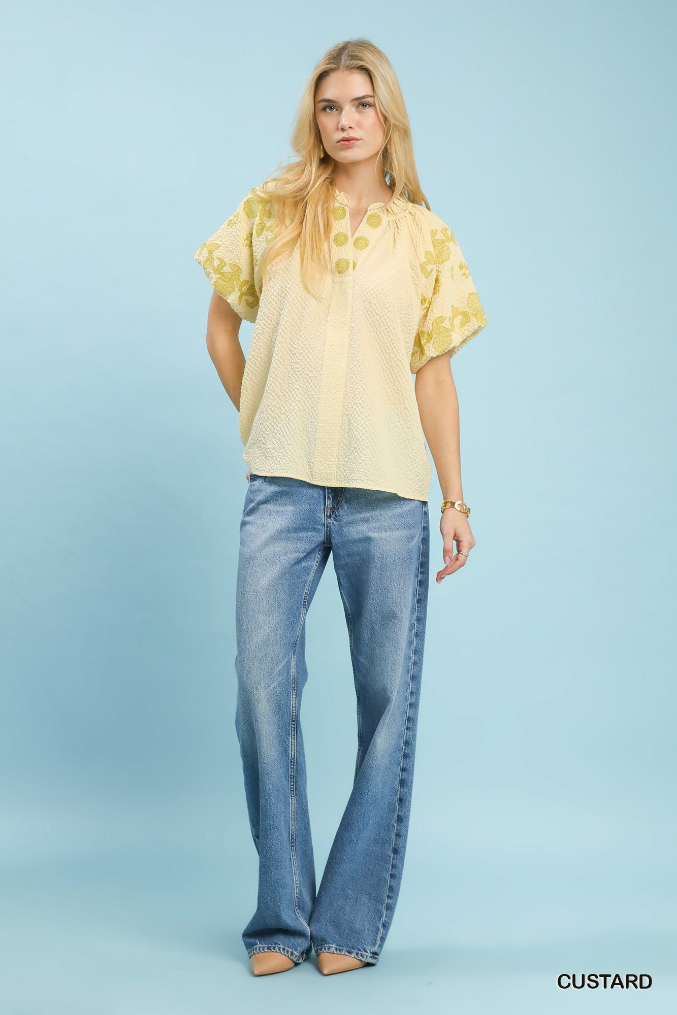 Umgee Embroidered Textured Flutter Sleeve Top