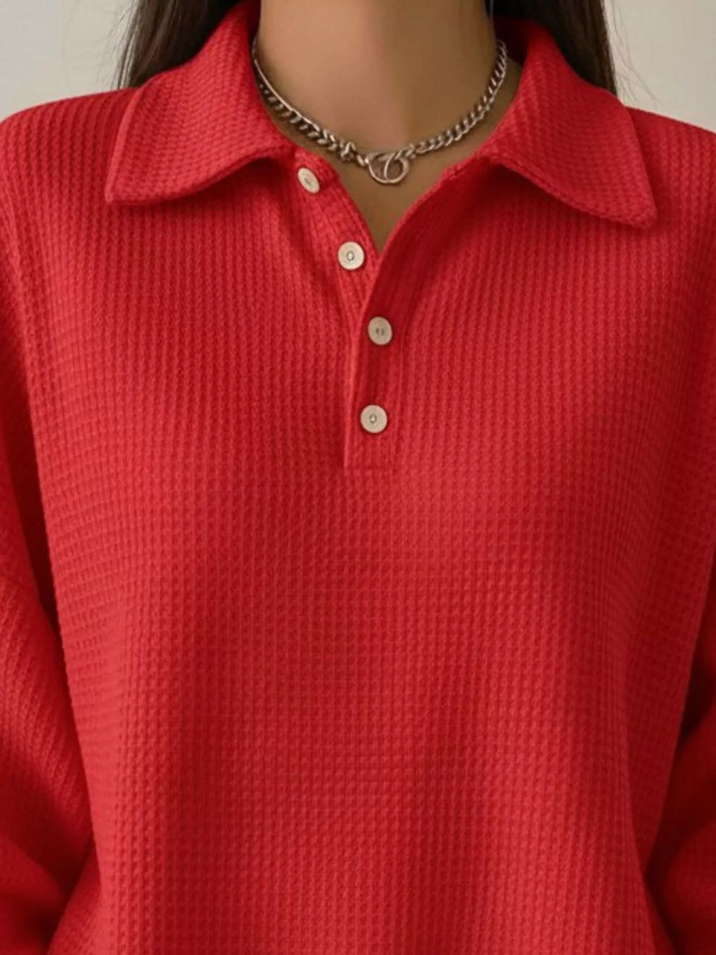 Full Size Waffle Knit Button Detail Top Plus Size