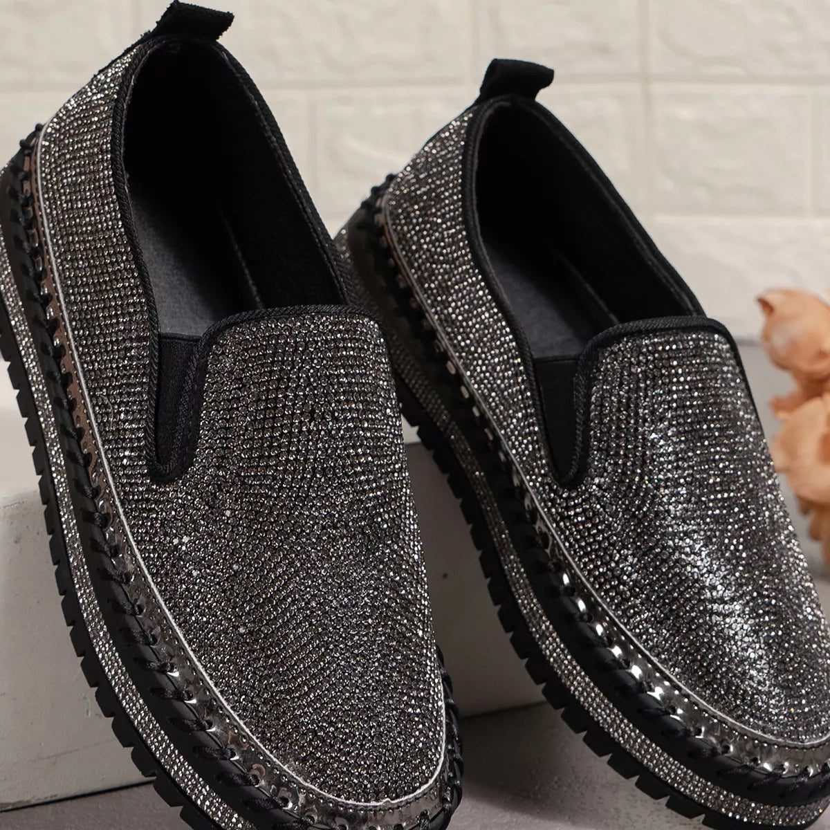 Rhinestone Round Toe Platform Loafers