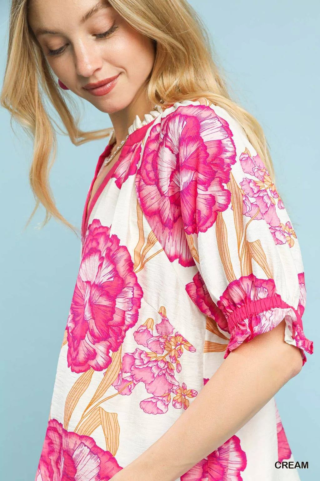 Umgee Floral V-Neck Puff Sleeve Blouse