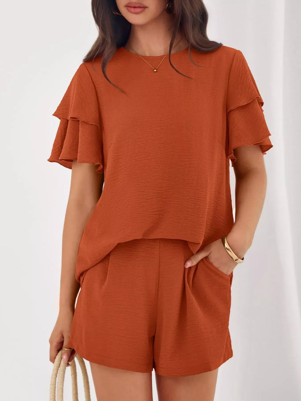 Ruffle Sleeve Top and Shorts Two-Piece Set
