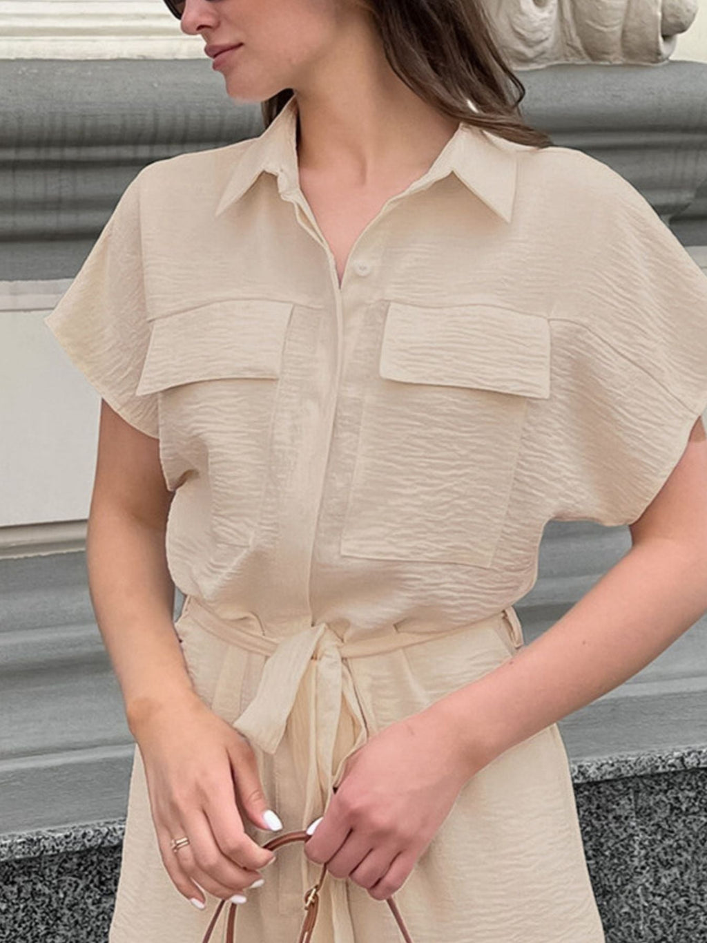 Chest Pocket Short Sleeve Wide Leg Jumpsuit