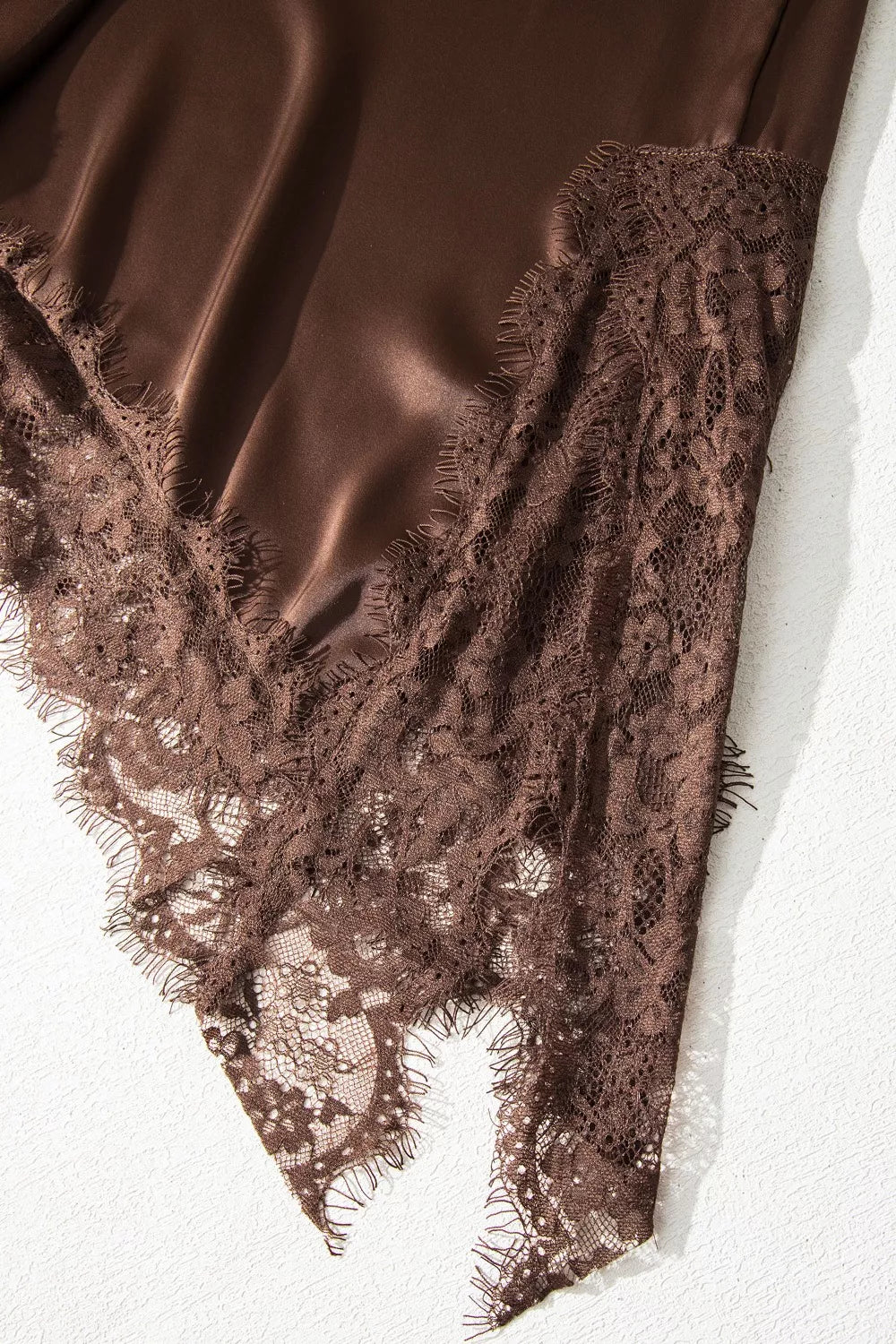 Asymmetric Lace Trim Short Sleeve Satin Top