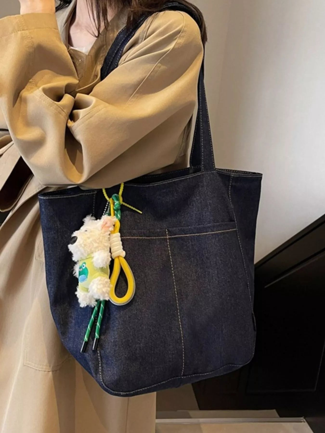 Denim Shoulder Bag with Cute Charm