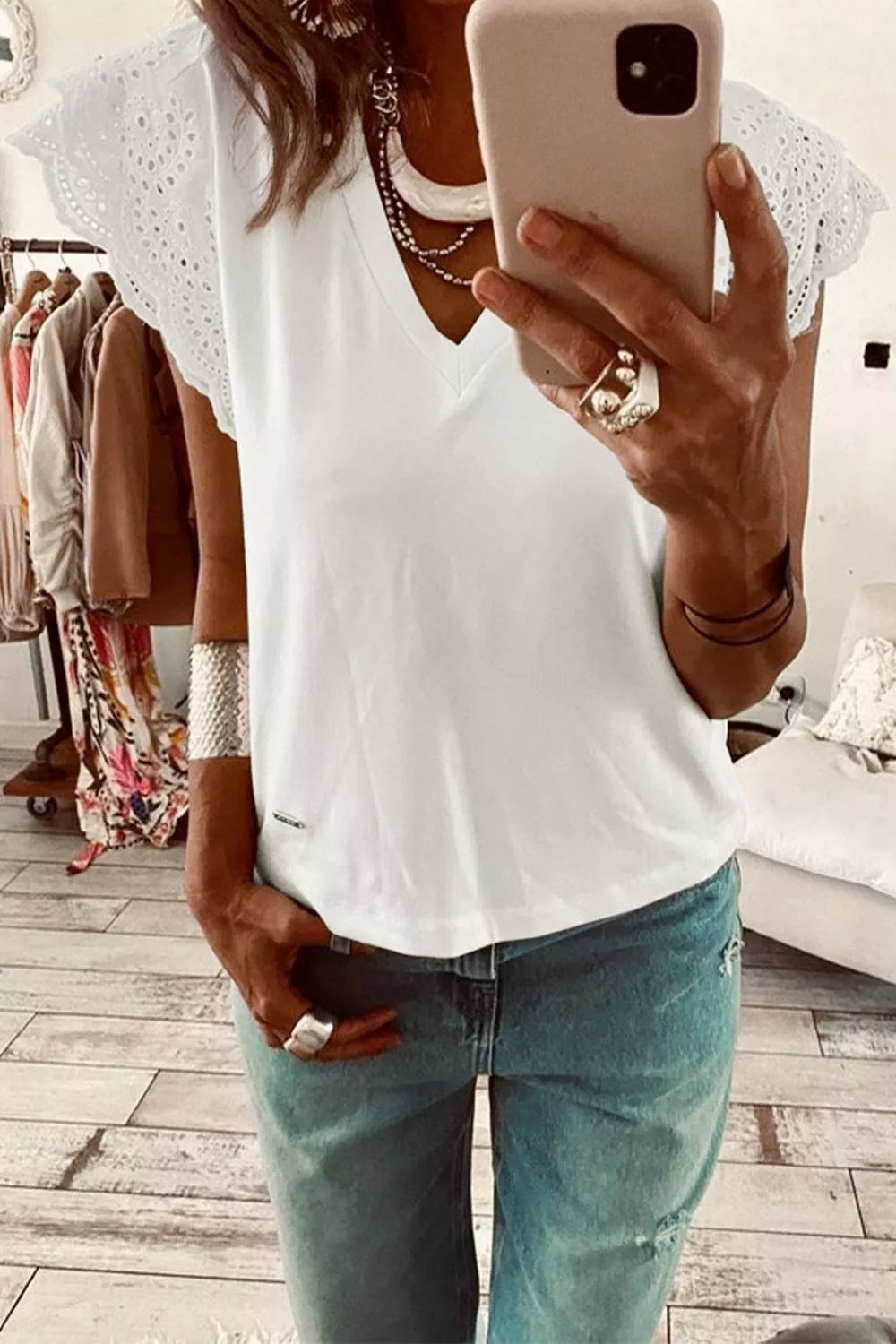 Eyelet Embroidered Flutter Sleeve Patchwork V Neck Tee