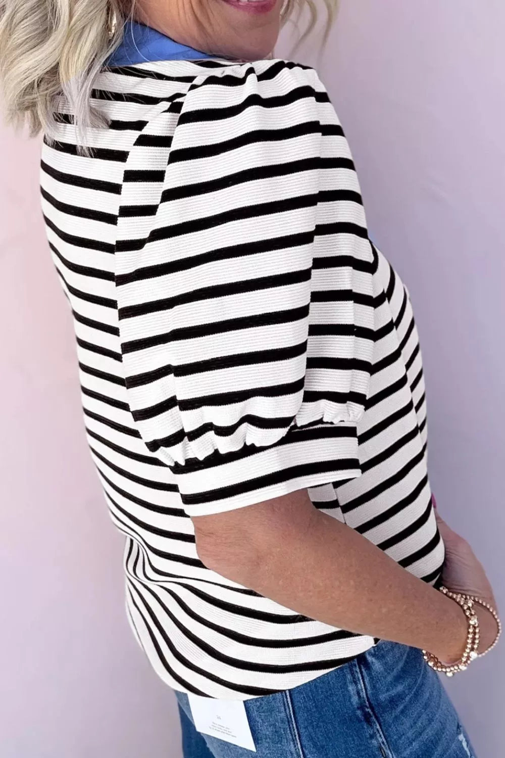 Striped Puff Sleeve Blouse with Contrast Collar
