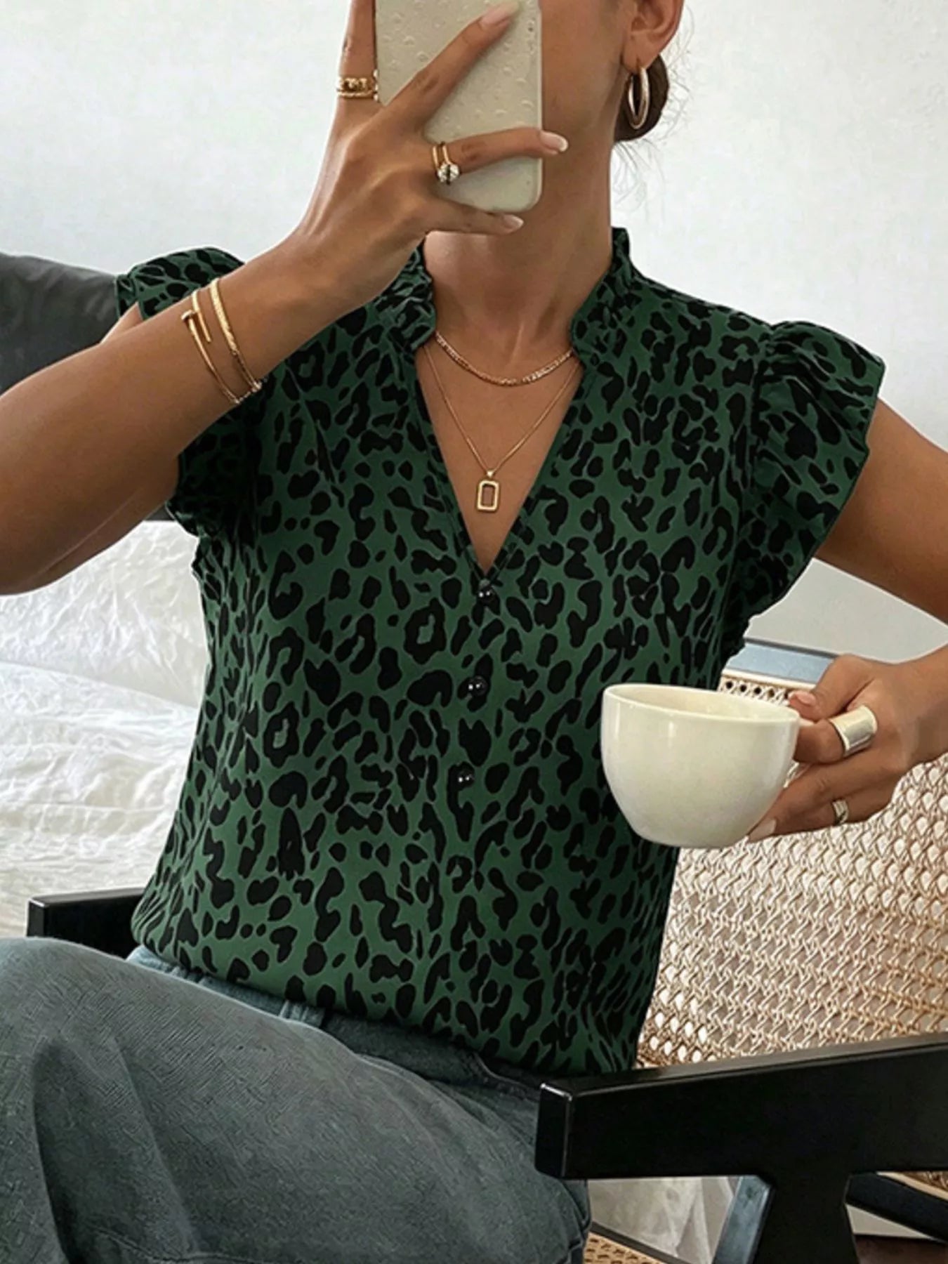 Leopard Print Ruffle Sleeve Blouse