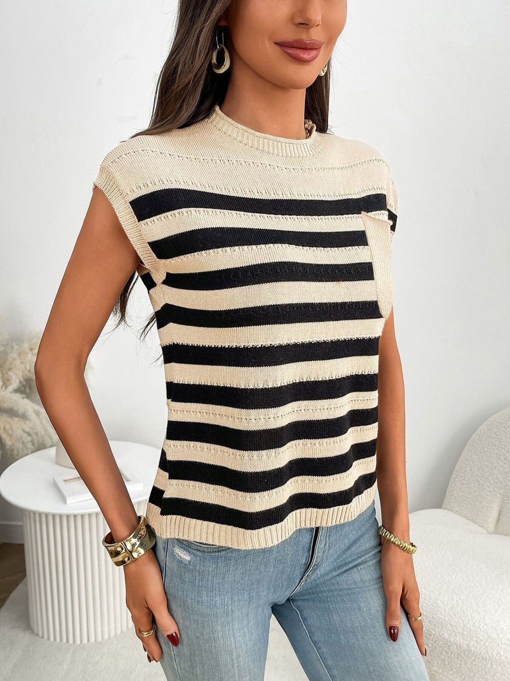 Striped Knit Pocket Detail Cap Sleeve Sweater
