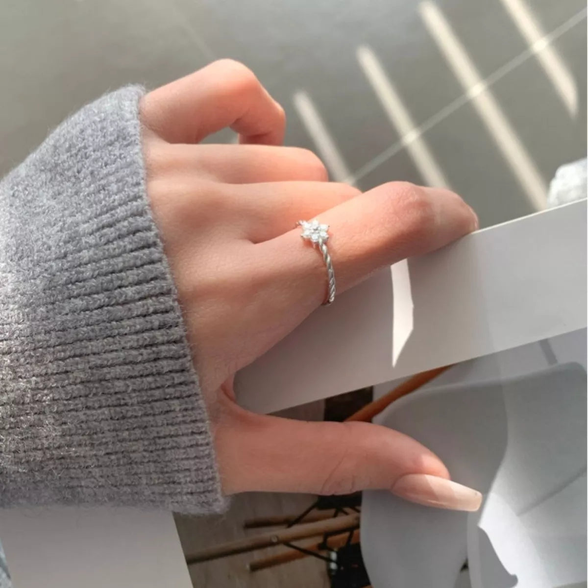 925 Sterling Silver Zircon Flower Open Ring