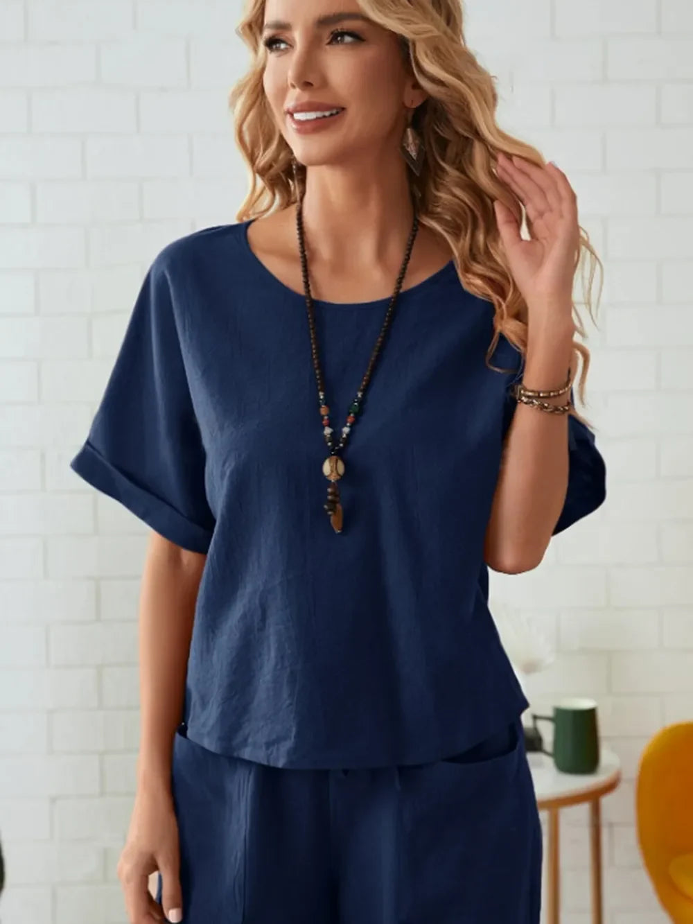 Round Neck Half Sleeve Top and Pocketed Pants Set