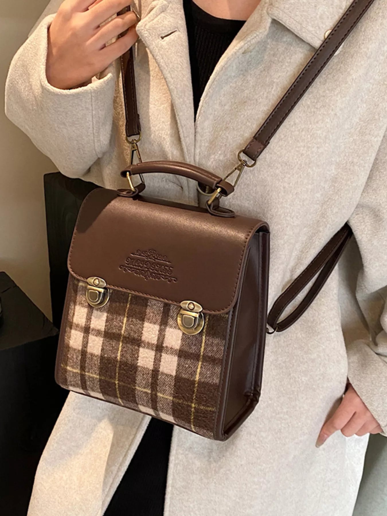 Vintage Plaid Flap Backpack Bag