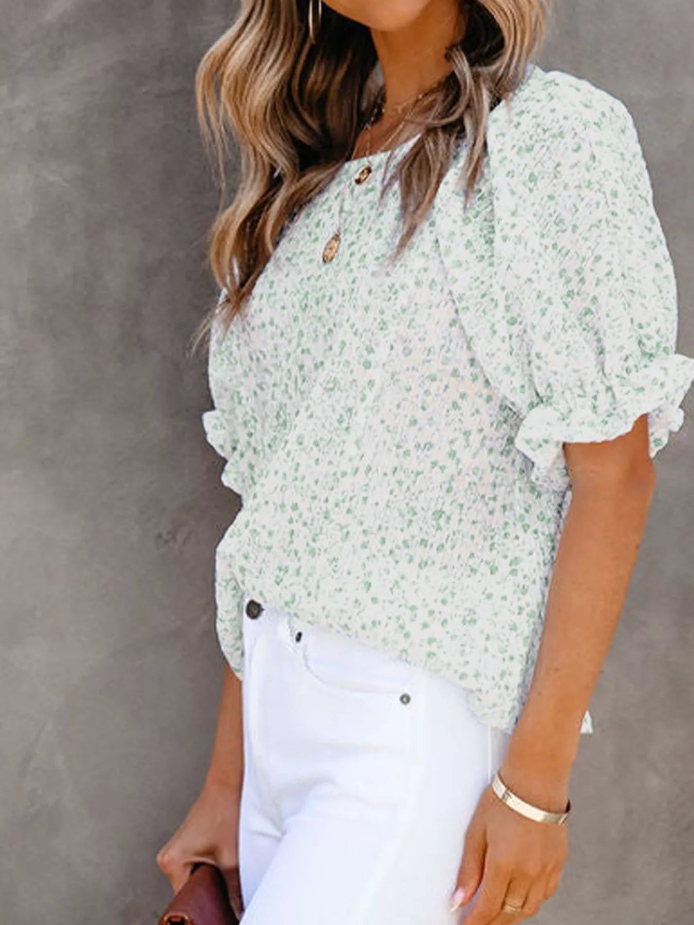 Full Size Floral Print Ruffle Sleeve Blouse Plus Size