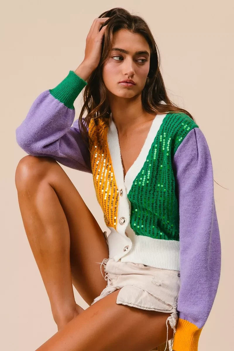 BiBi Mardi Gras Color Block Sequin Sweater Cardigan