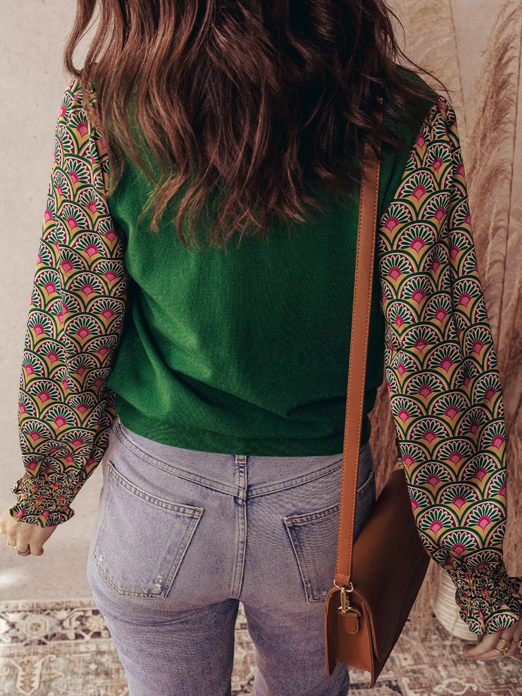 Floral Patchwork Shirred Cuff Puff Sleeve Knit Top