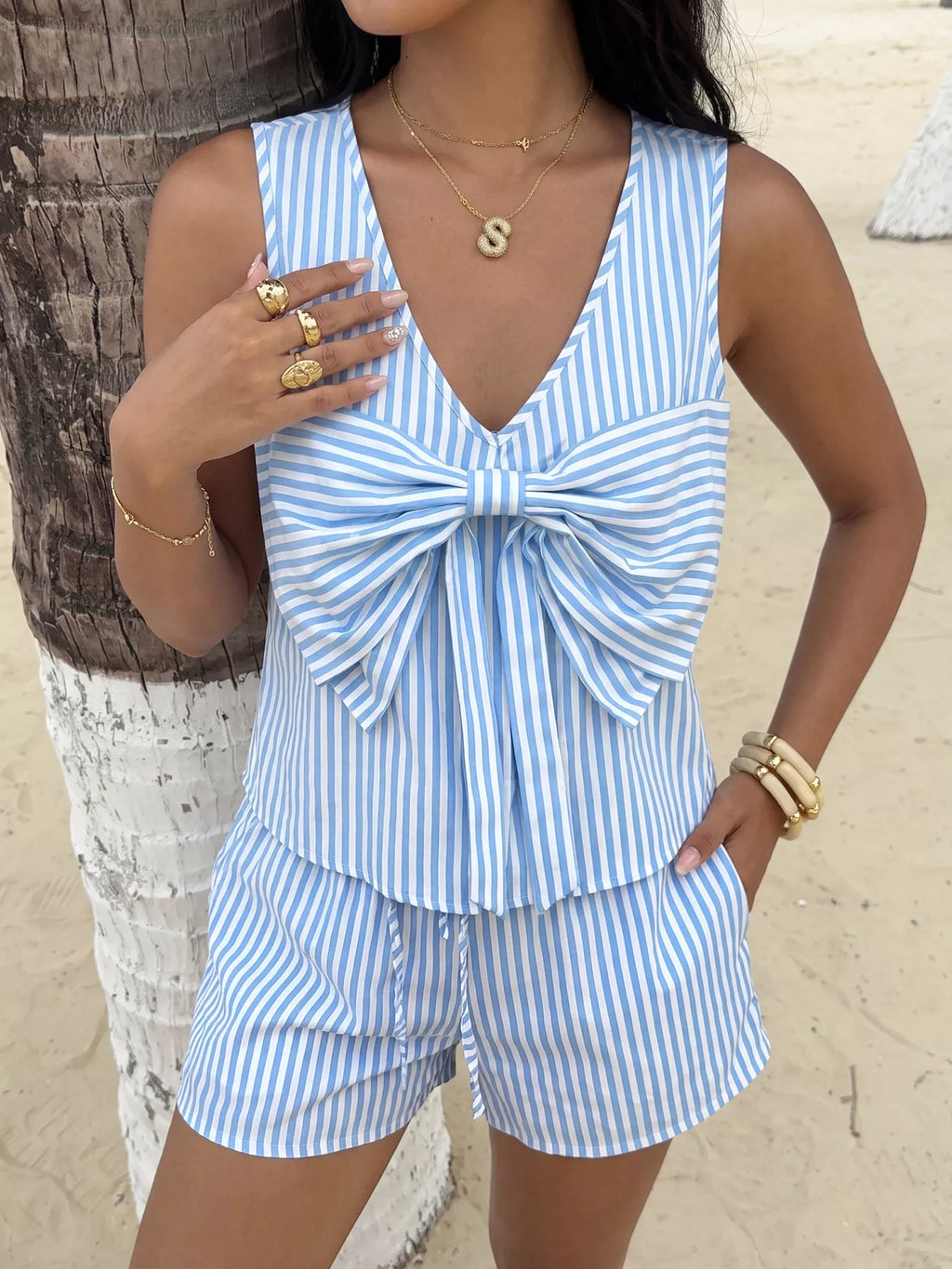 Striped Bowknot Sleeveless Top & Shorts Set