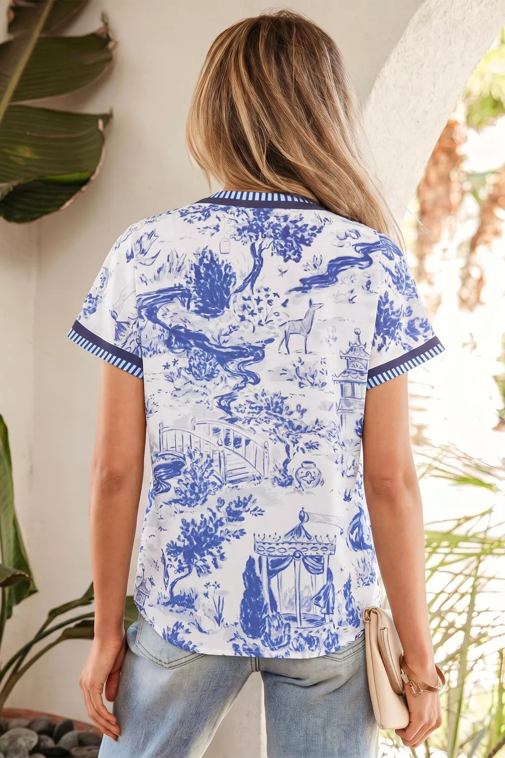 Printed Striped Trim V-Neck Blouse