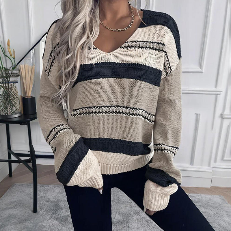 Women's French Vintage Striped Sweater | V-Neck Long Sleeve Stretch Knit Top