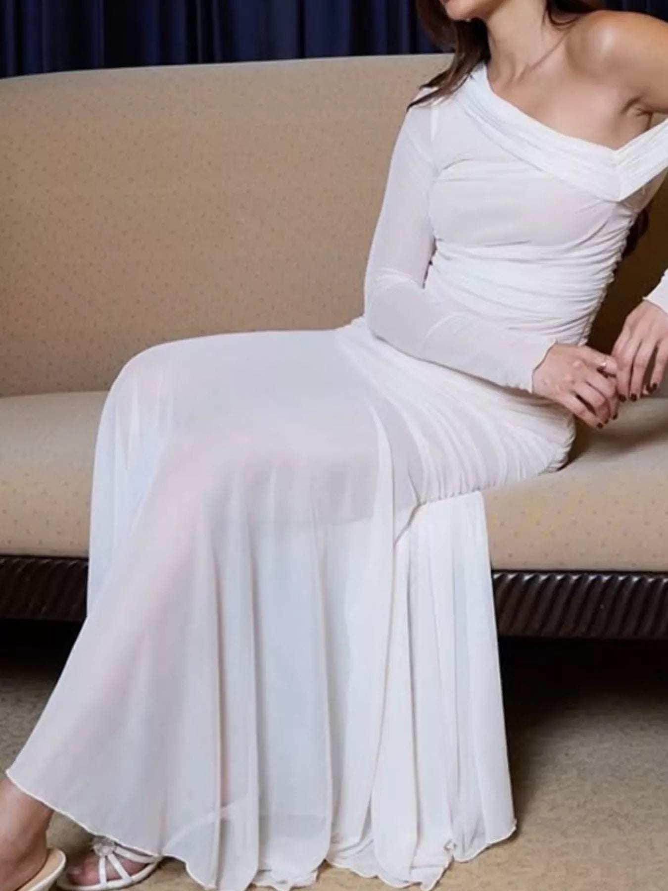 One-Shoulder Ruched Mesh Maxi Dress