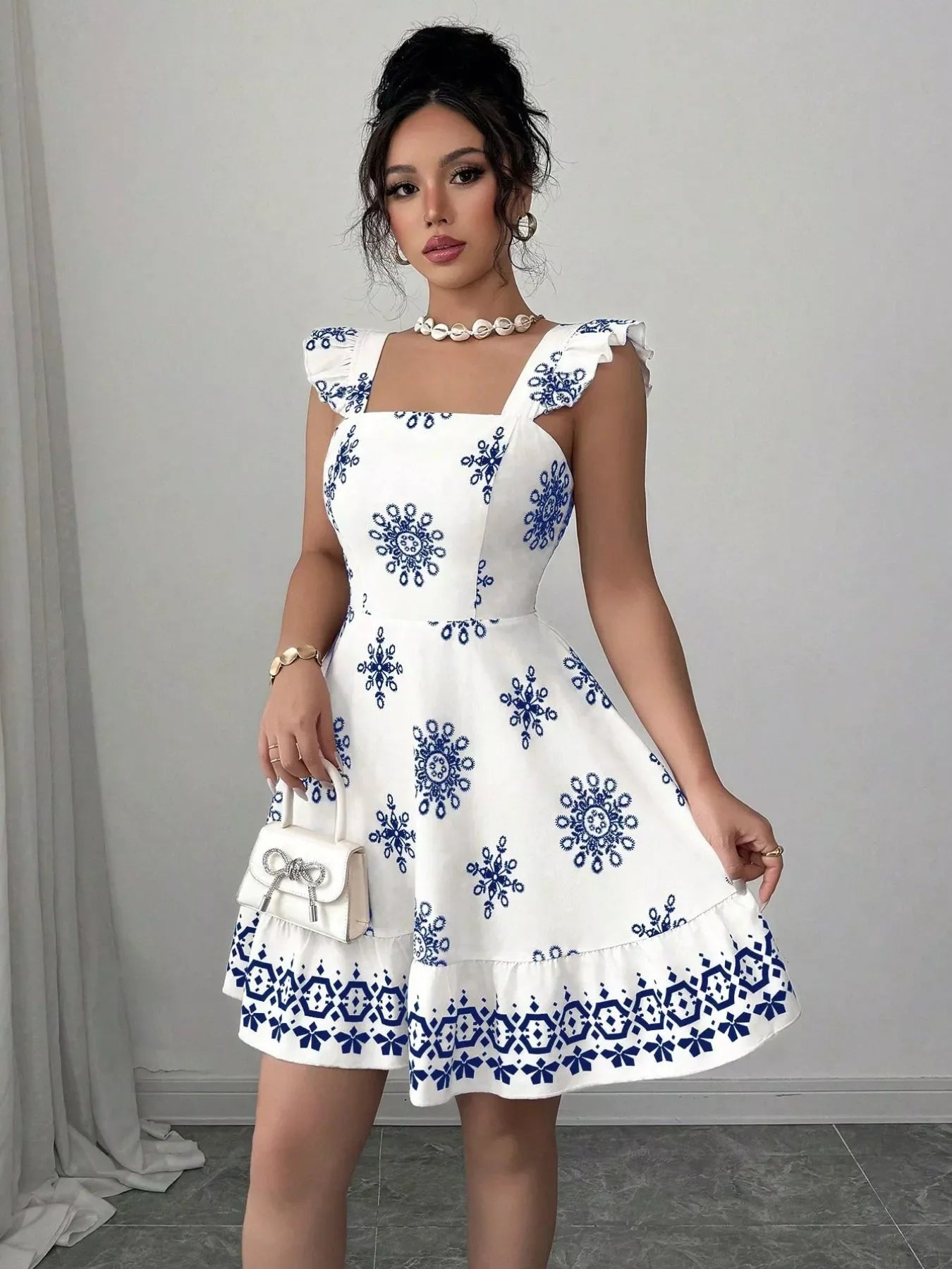 Printed Bow Back Square Neck Mini Dress