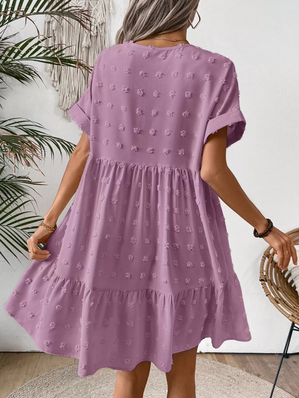 Swiss Dot V-Neck Tiered Mini Dress