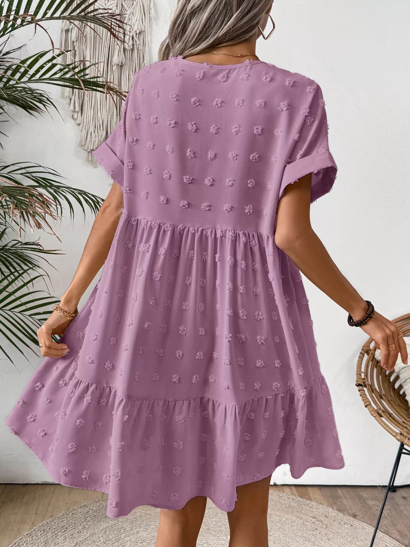 Swiss Dot V-Neck Tiered Mini Dress