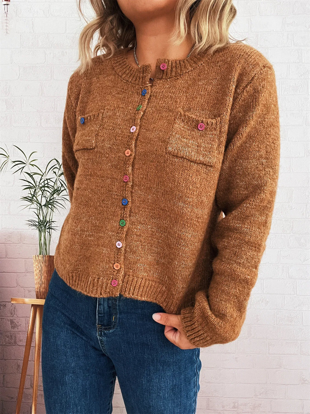 Button-Up Ribbed Hem Cardigan with Chest Pocket
