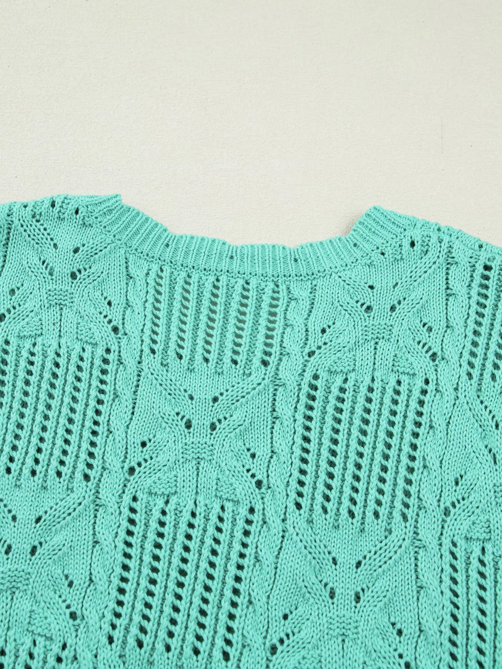Pointelle Knit Patterned Scalloped Trim Short Sleeve Sweater