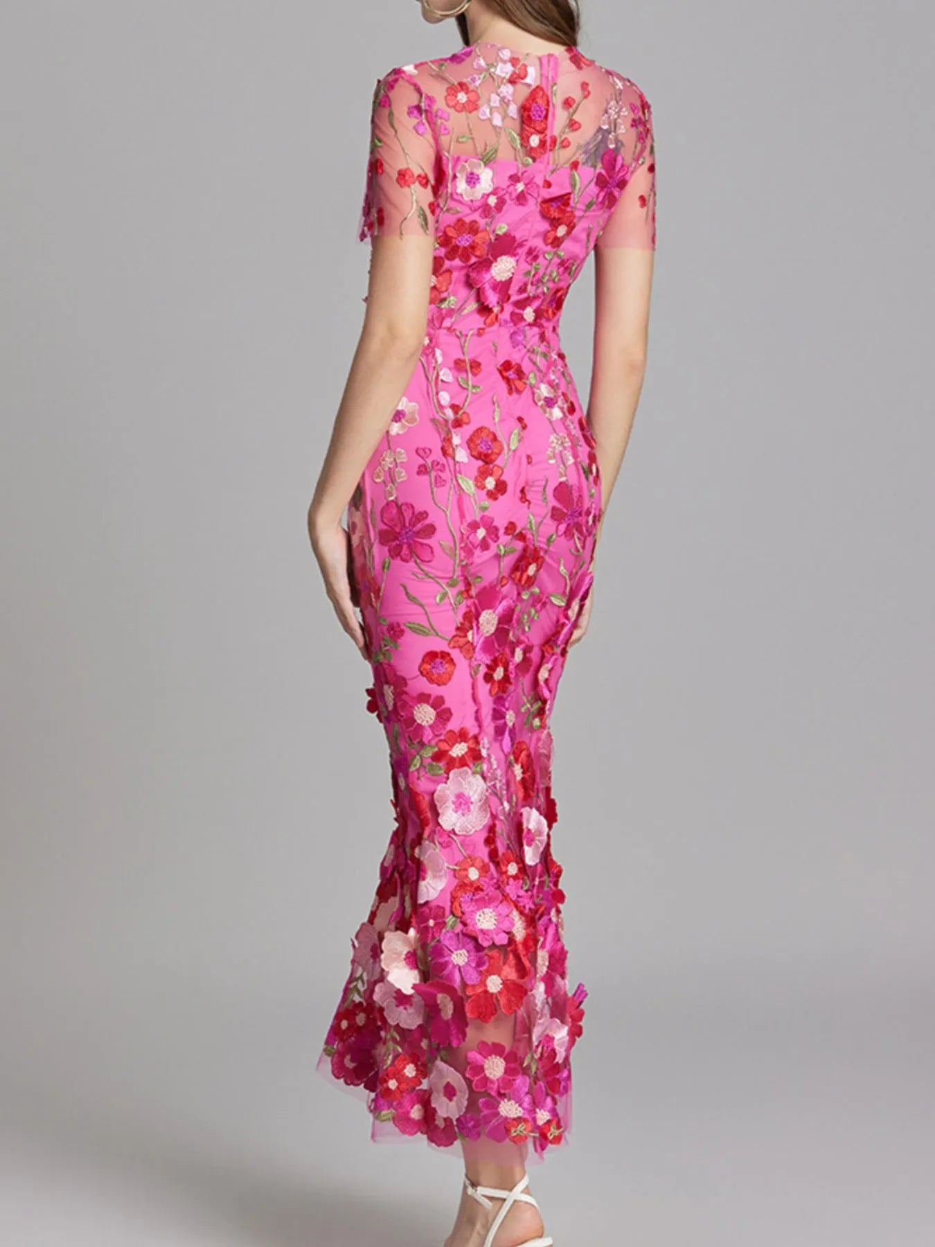 Floral Embroidered Mesh Overlay Maxi Dress