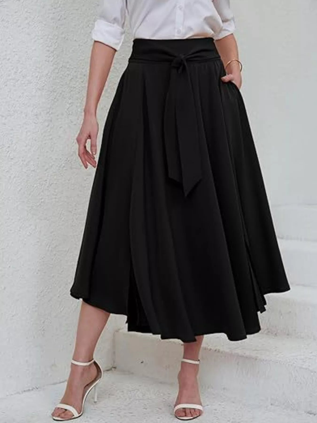 Tie-Waist A-Line Midi Skirt