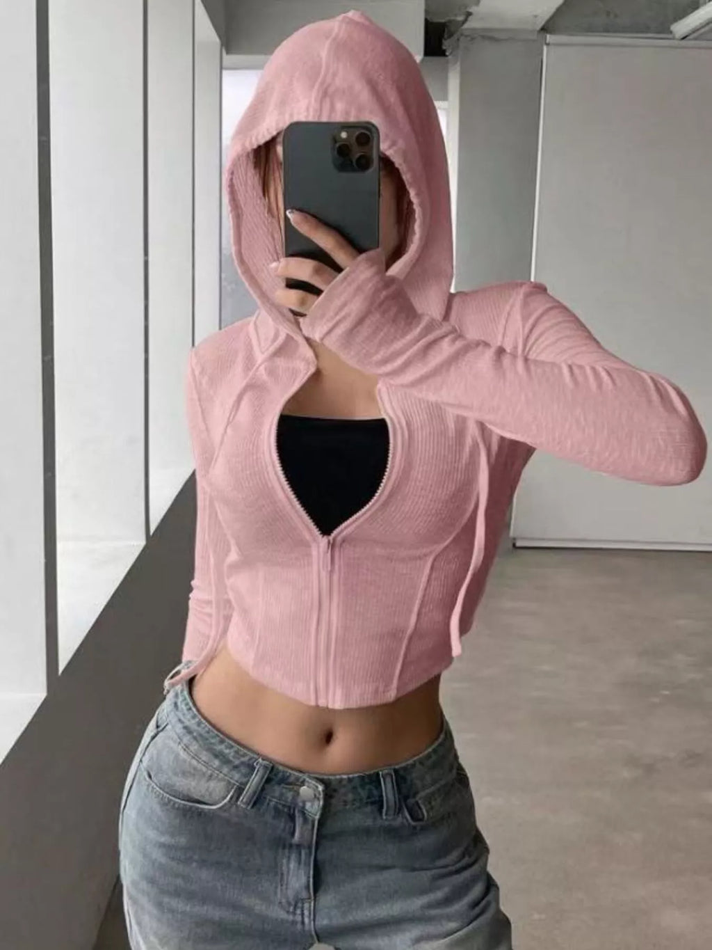 Ribbed Knit Cropped Zip-Up Outerwear