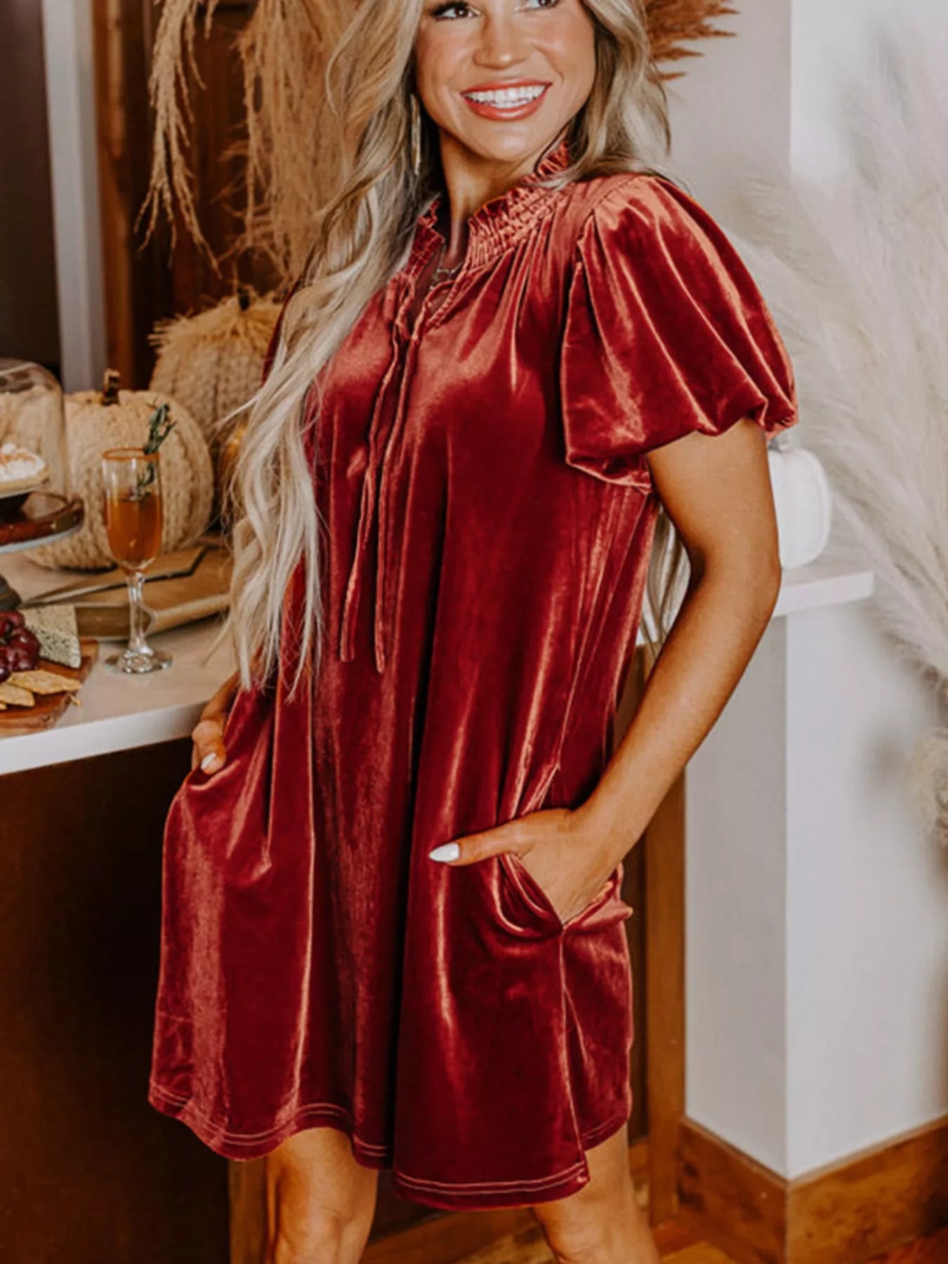 Tie Neck Puff Sleeve Velvet Dress