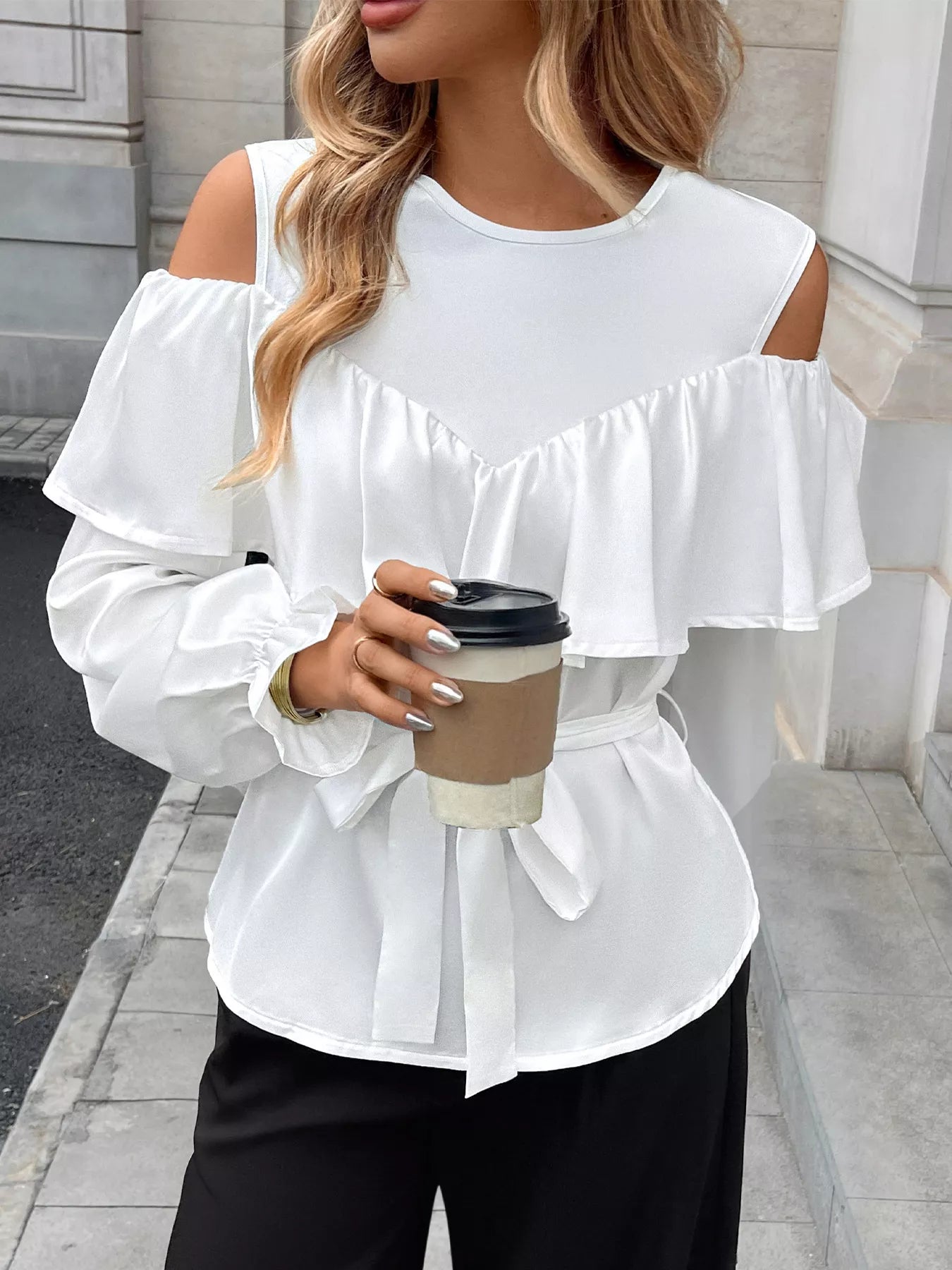 Ruffled Cold Shoulder Flounce Sleeve Blouse