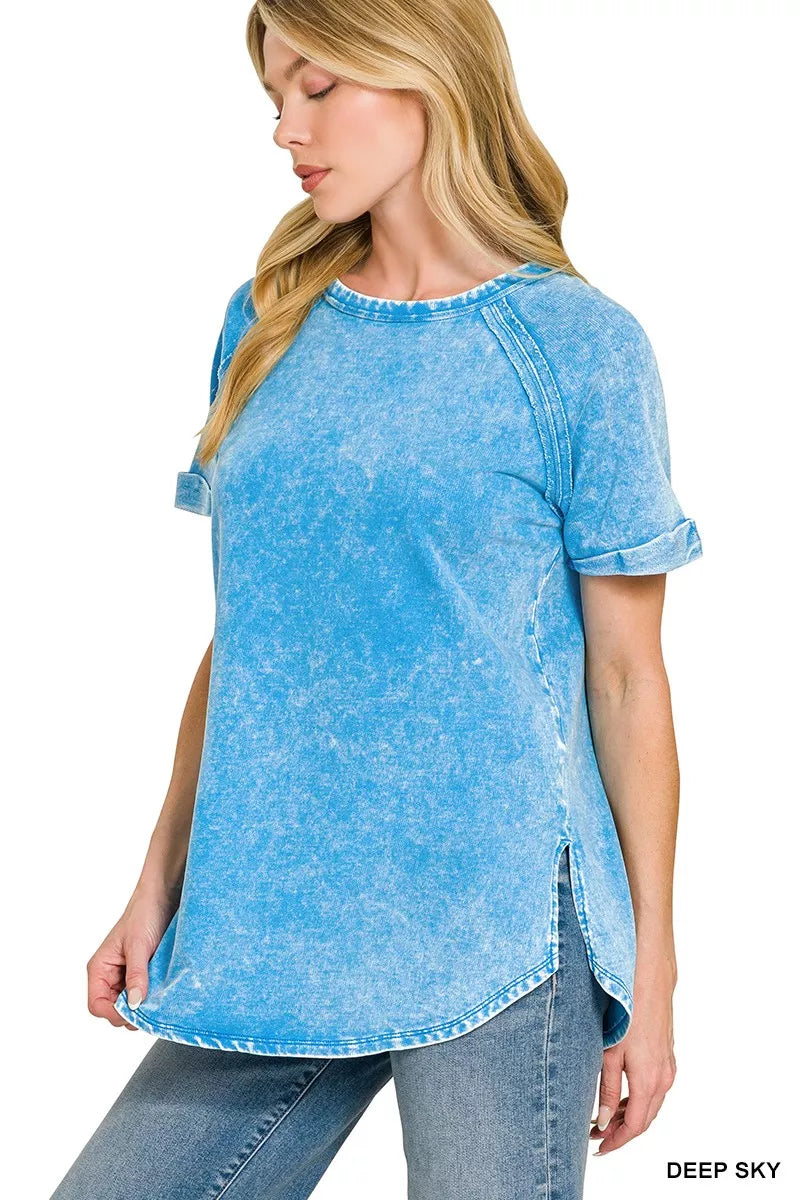 Zenana French Terry Washed Curved Hem Top