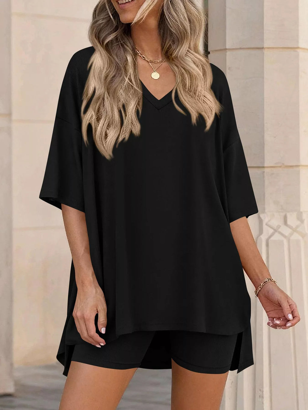 Full Size Casual Loose V-Neck T-Shirt & Shorts Set Plus Size