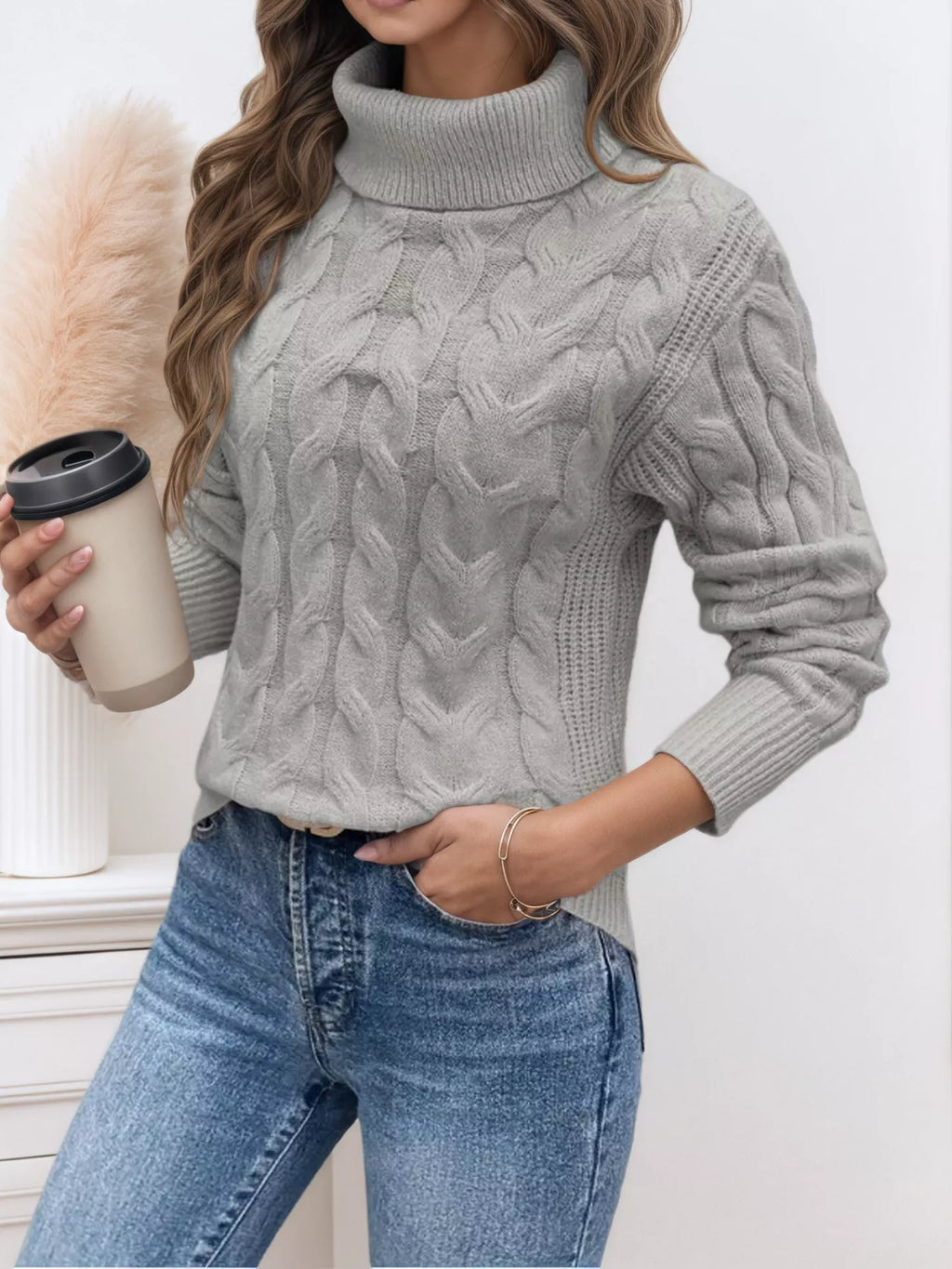 Cable Knit Turtleneck Long Sleeve Sweater
