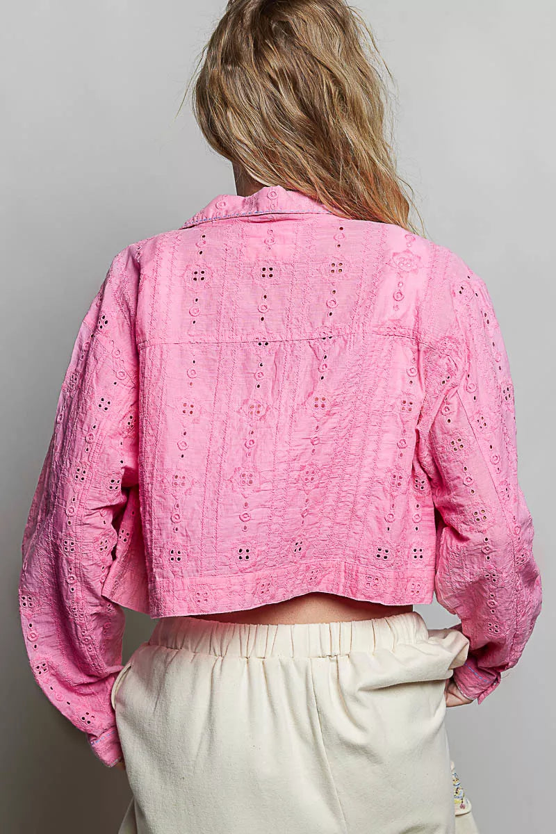 POL Eyelet Textured Cotton Cropped Button-Front Jacket