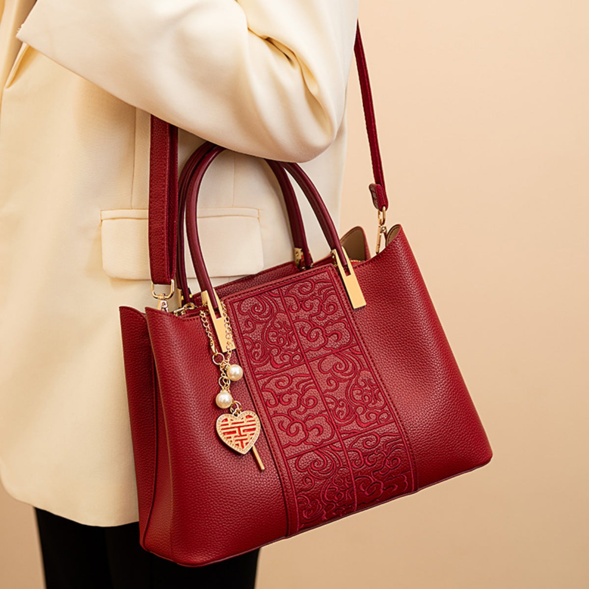 Embossed Leather Top Handle Handbag