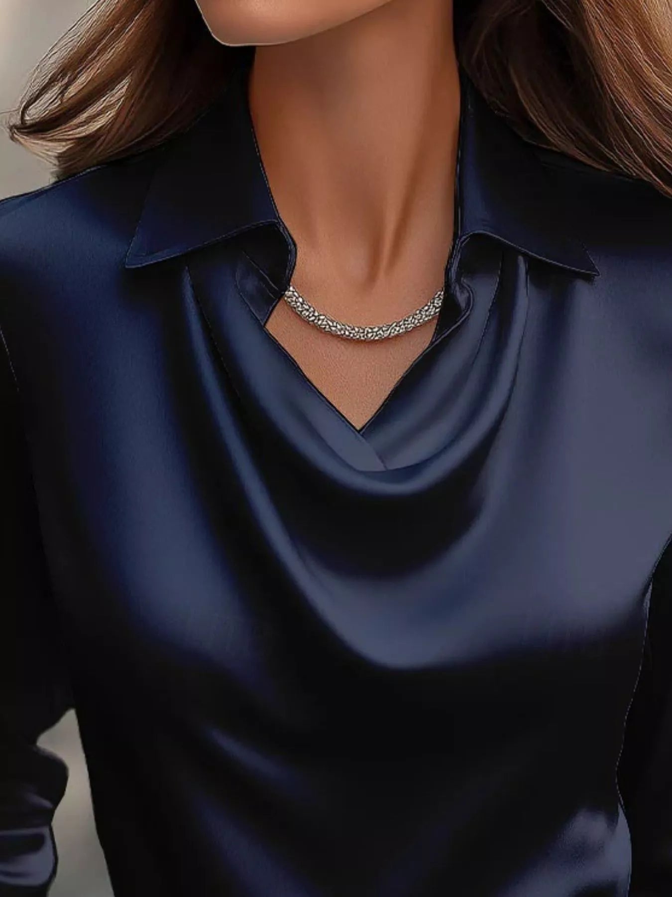 Ruched Long Sleeve Drape Collar Blouse