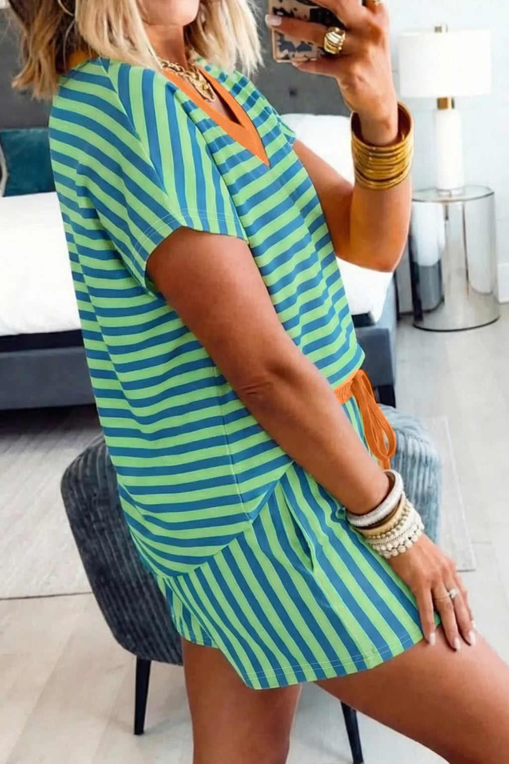 Stripe Colorblock Trim V Neck Tee Drawstring Elastic Waist Short Set