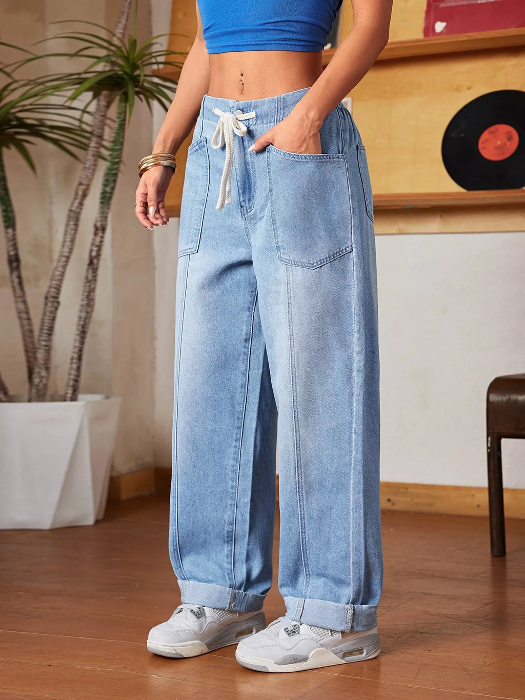 Drawstring Wide Leg Jeans