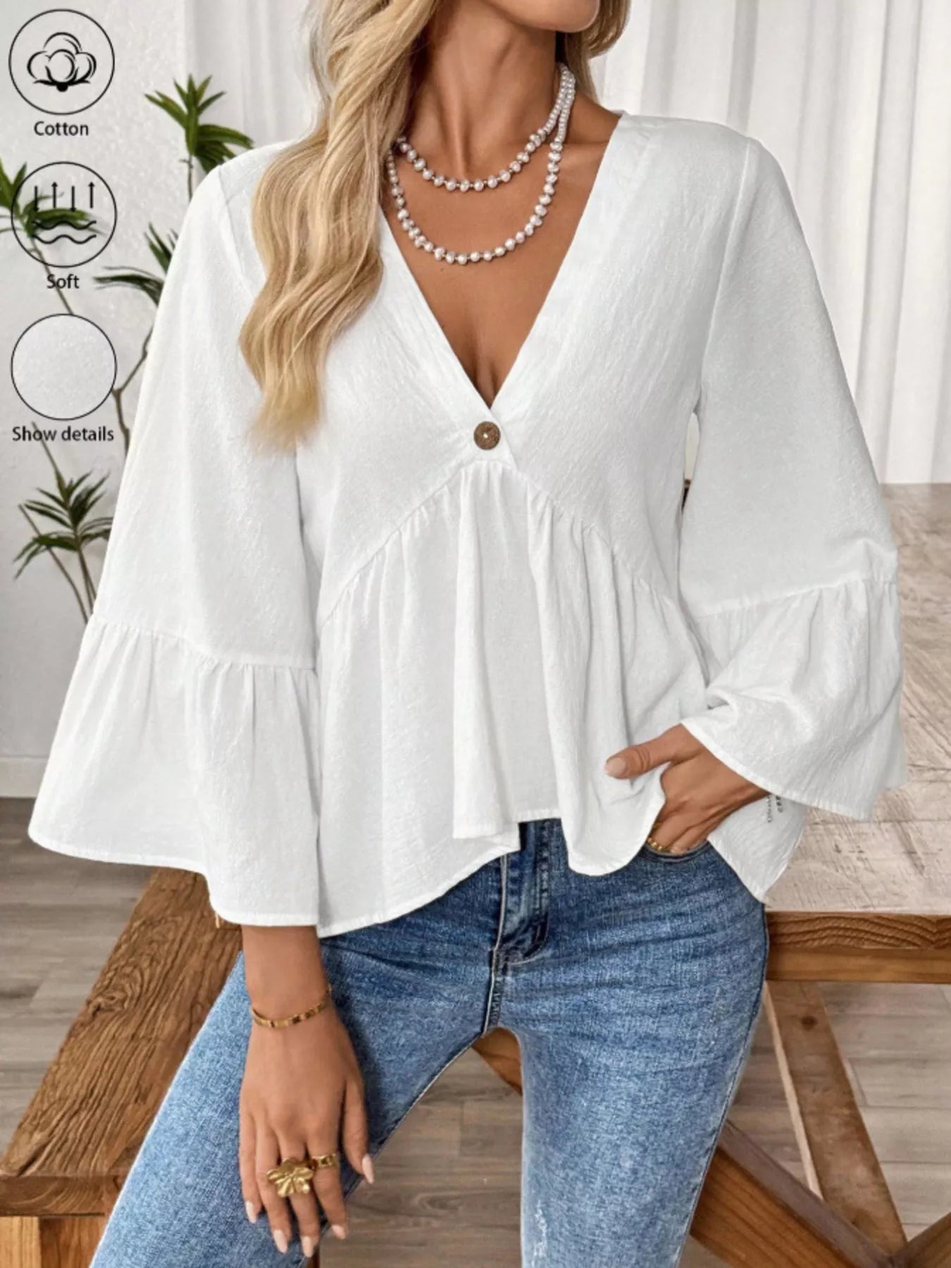 V-Neck Bell Sleeve Blouse