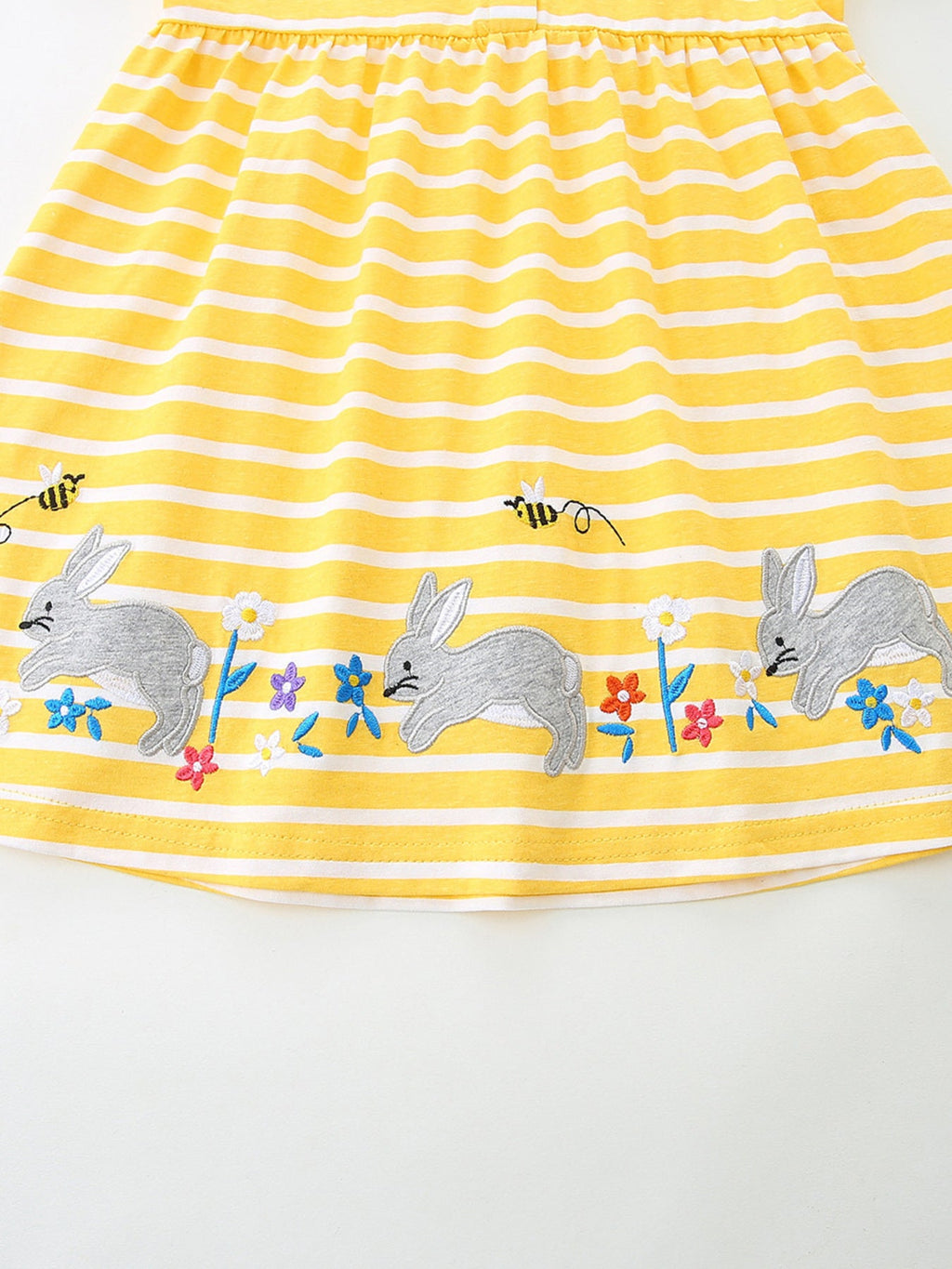 Children's Striped Bunny Embroidered Button-Front Dress