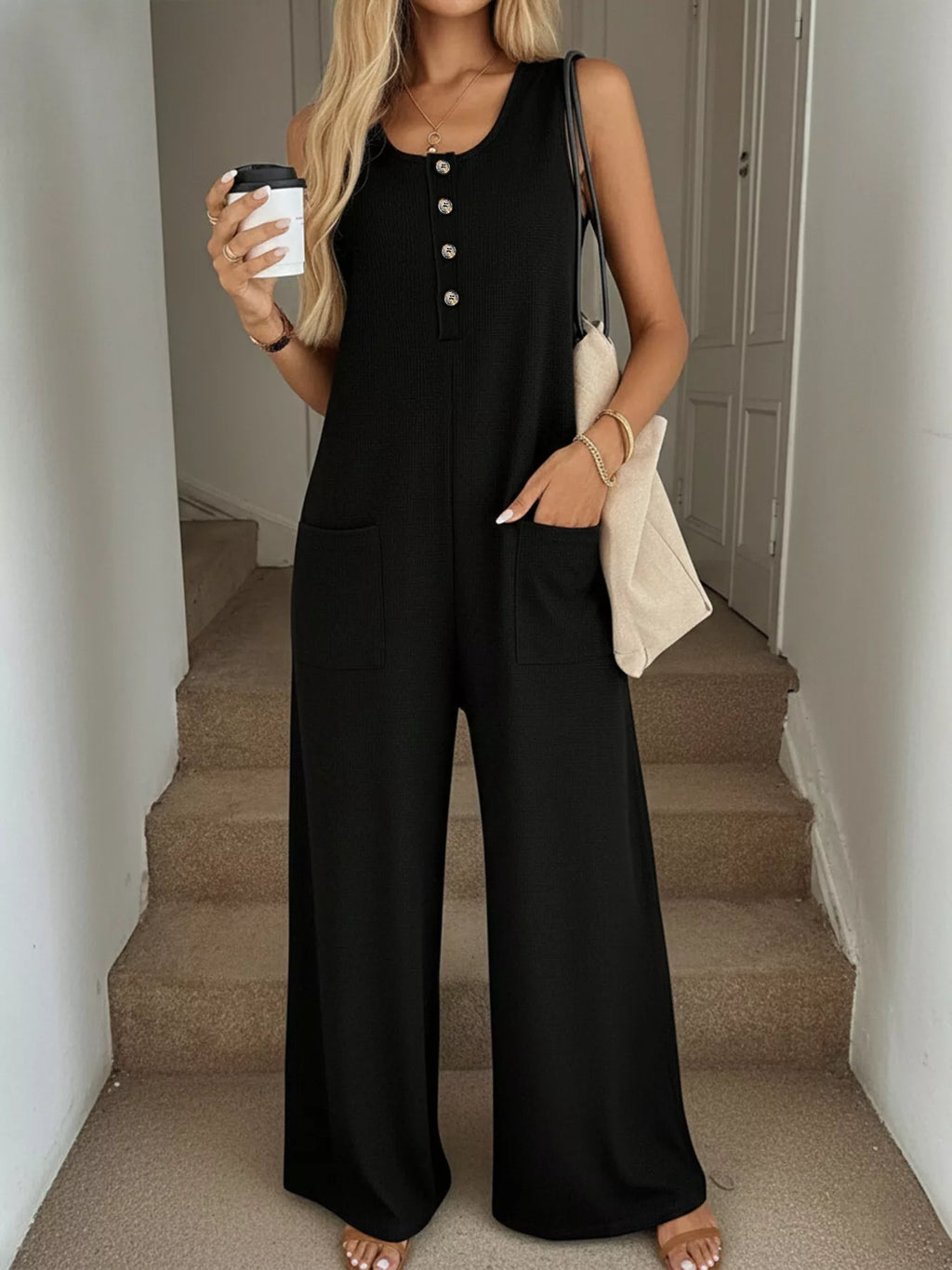 Sleeveless Button-Front Wide Leg Jumpsuit