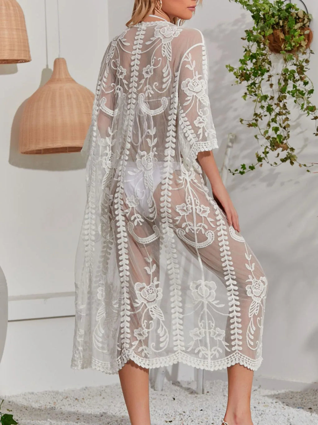 Lace Detail Open Front Longline Cover-Up