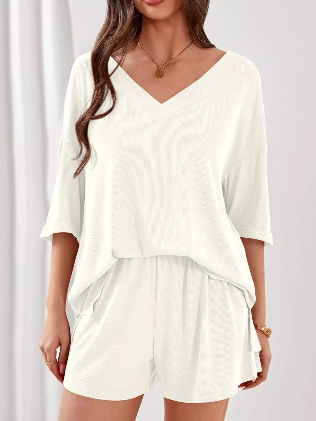Casual Solid Color V-Neck Top & Shorts Set