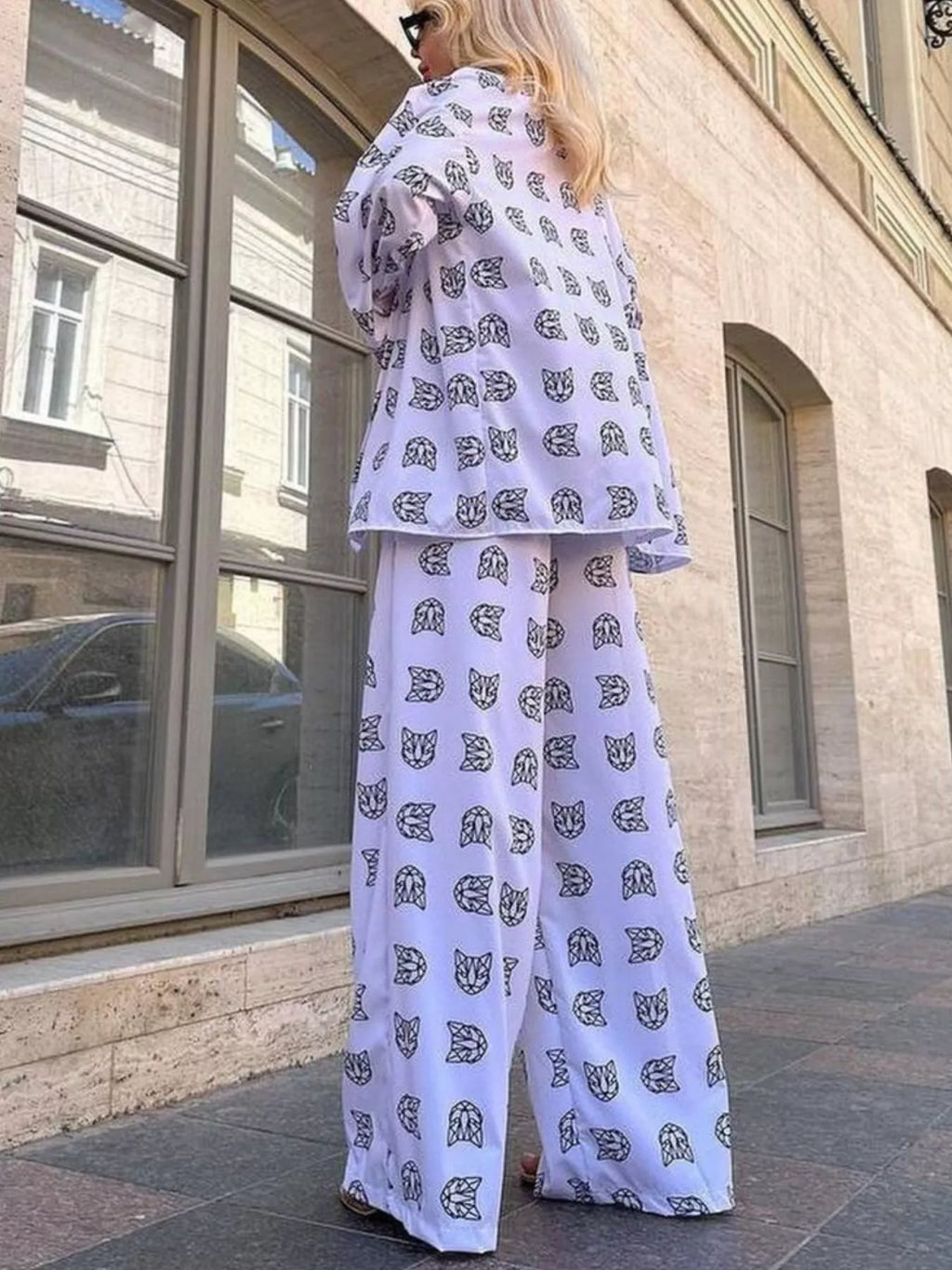 Open Front Cat Print Shirt and Pants Set