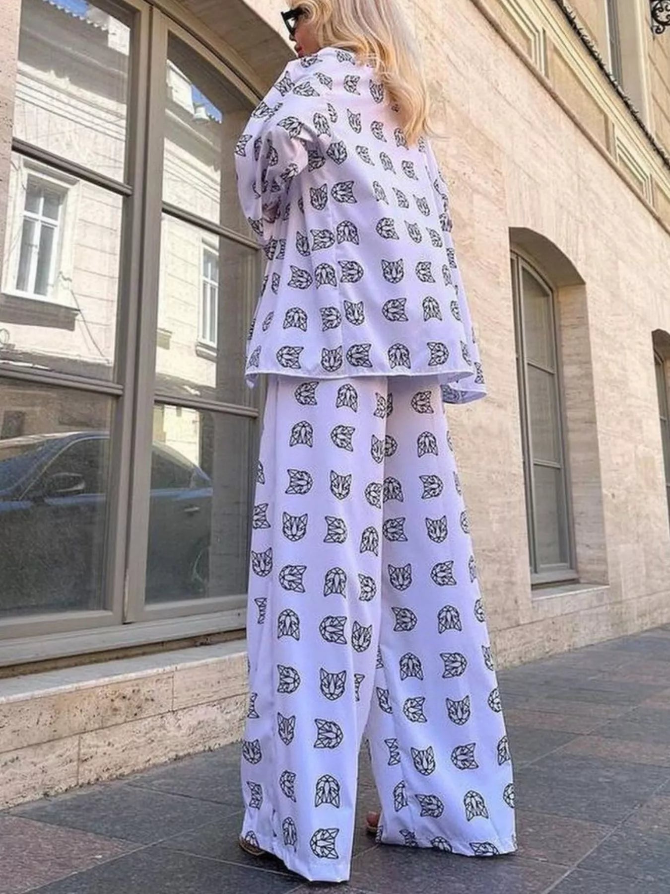 Open Front Cat Print Shirt and Pants Set