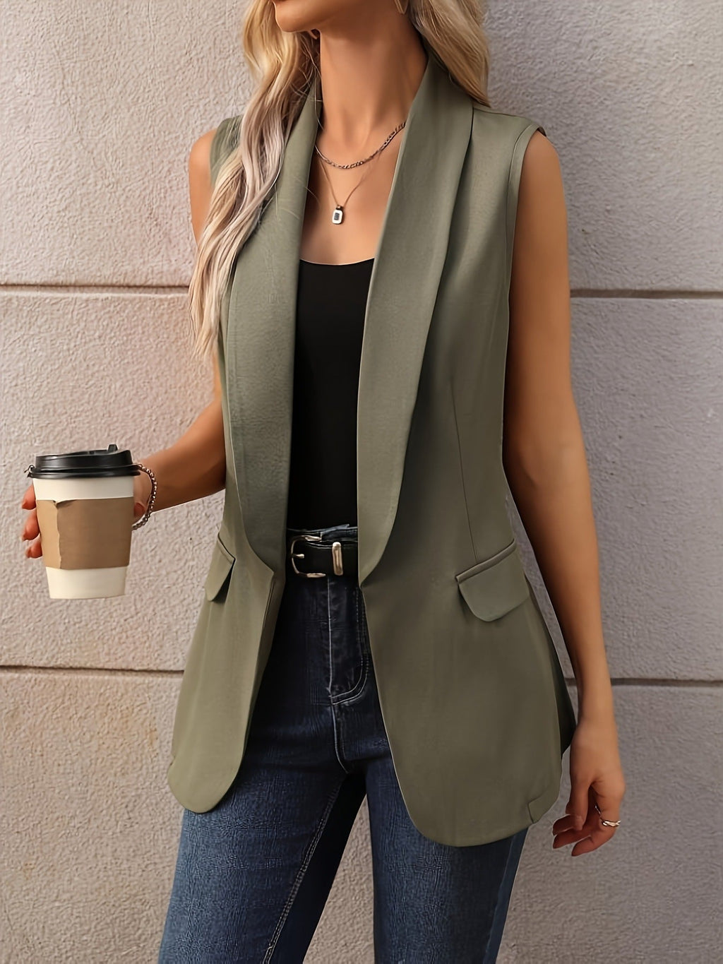 Sleeveless Shawl Collar Vest Coat