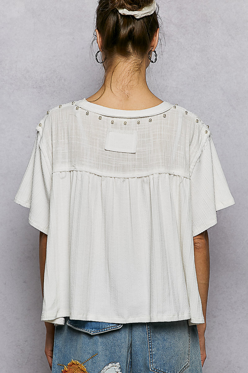POL Lace Pearl Stud Round Neck Short Sleeve Shirt