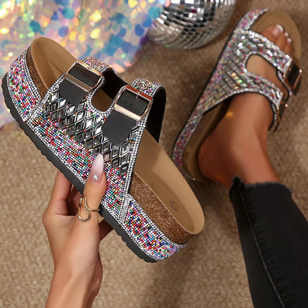 Rhinestone Double Buckle Sandals